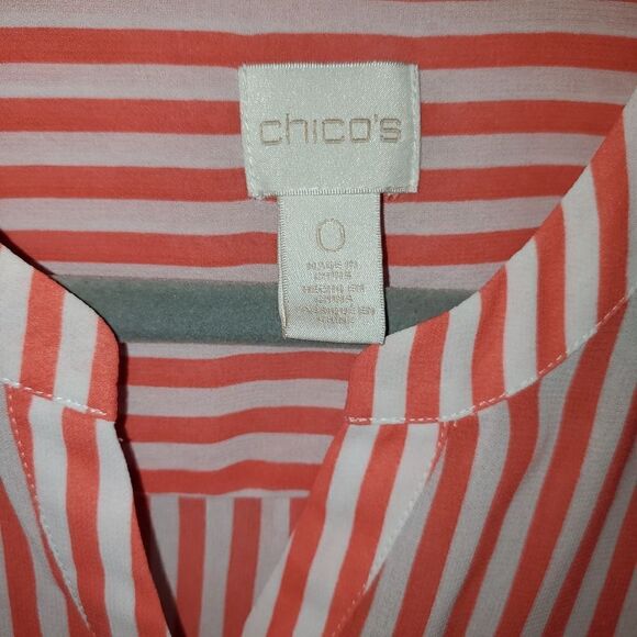 CHICOS CORAL & WHITE VERTICAL STRIP SHEER TIE FRONT BUTTON DOWN TOP SIZE 0 - Picture 3 of 4
